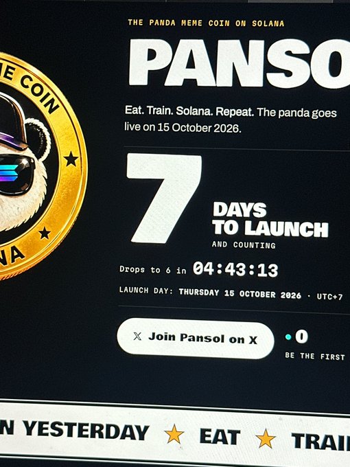 A promotional screenshot for "PANSO" meme coin on Solana, featuring a panda logo and a countdown timer showing "7 DAYS TO LAUNCH" with the launch date set for Thursday, 15 October 2026.
