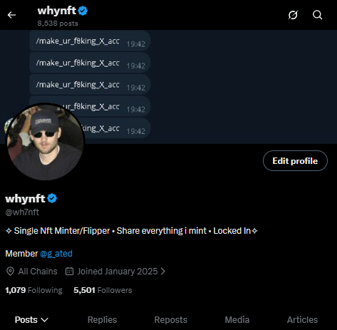 The image shows the X (formerly Twitter) profile page of "whynft" (@wh7nft), which has just reached 5,501 followers. The profile features repeated "/make_ur_fcking_X_acc" messages at the top and lists the user as a "Single Nft Minter/Flipper" who joined in January 2025, directly tying into the celebratory post thanking followers for hitting the 5,500 milestone.