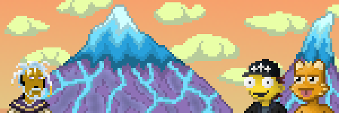 A pixel art scene showing three characters—an older man with white hair, a yellow character with cross eyes, and a cat—standing in front of a blue snow-capped mountain against an orange sky with clouds.