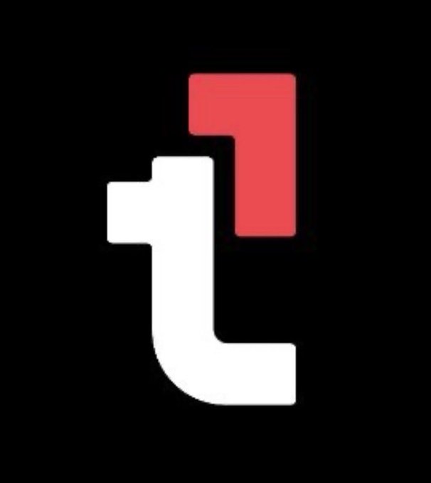 A logo featuring a stylized lowercase letter 't' in white with a red accent on the top right, set against a solid black background.