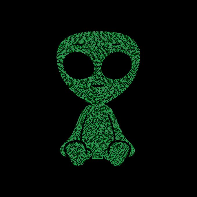 A green alien figure drawn entirely from the words 'Crypto' and 'Bitcoin' on a black background.