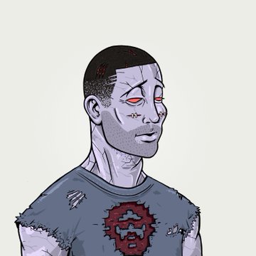 A cartoon illustration of a gray-skinned zombie character with red eyes and stitched wounds wearing a tattered gray shirt with a red skull design.