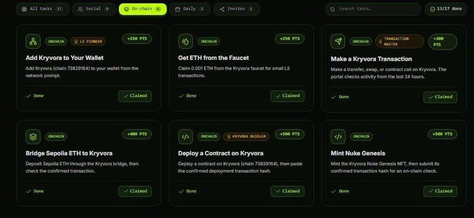 A dark-themed dashboard for the 'Kryvora' network displaying completed on-chain tasks, including adding wallets, claiming ETH, and deploying contracts, all marked as 'Claimed'.