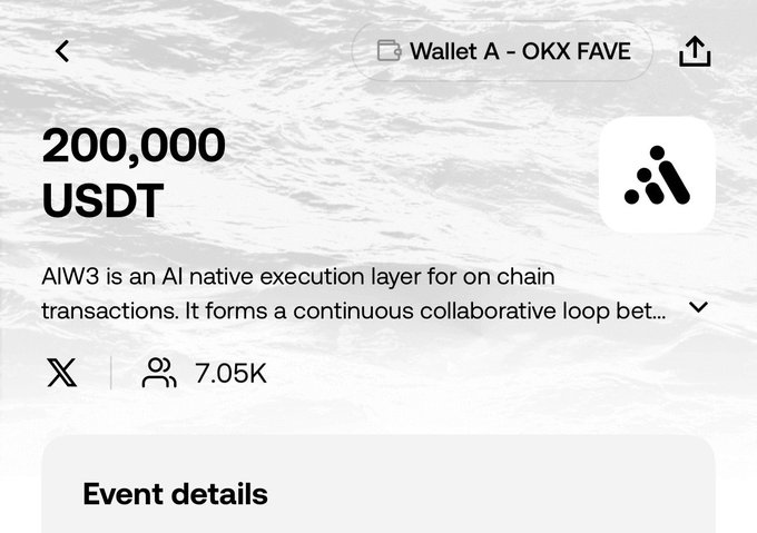 A wallet interface showing a balance of '200,000 USDT' for 'Wallet A - OKX FAVE' with a description of 'AIW3' as an AI native execution layer for on chain transactions, with 7.05K followers.