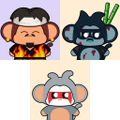 Three cartoon-style animal character icons in a grid layout, including a monkey-like figure and a cat-like figure with a chopstick.