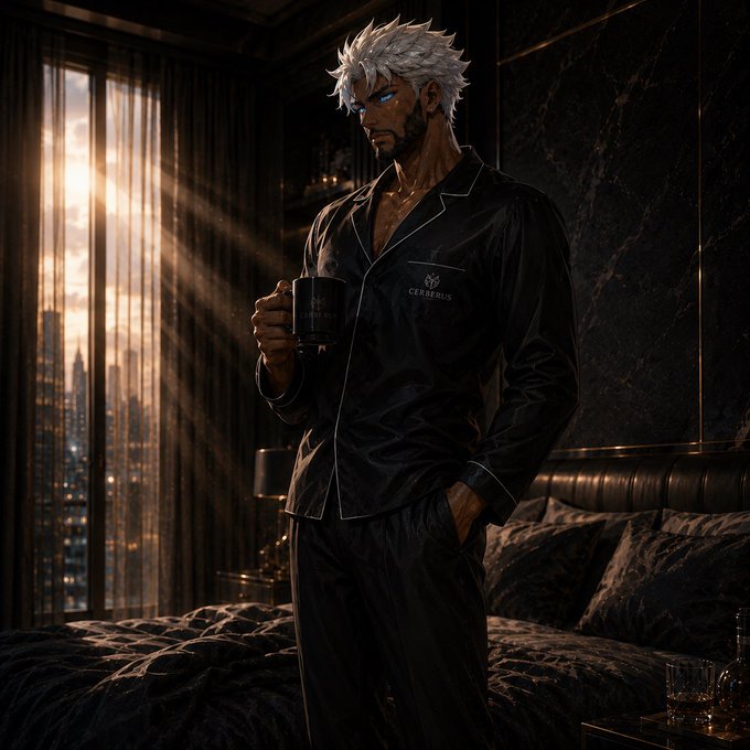 A muscular man with spiky white hair and glowing blue eyes stands in black silk pajamas in a dimly lit luxury bedroom, holding a mug labeled "CERBERUS" while golden sunset rays stream through a window overlooking a city skyline. The image visually conveys the "new day" greeting from the post, with the professional, powerful aesthetic suggesting readiness for the various collabs and Web3 opportunities being offered.