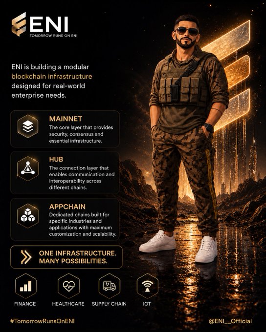 A promotional graphic for the blockchain 'ENI' features a man in tactical gear and sunglasses standing on rocky terrain, with text explaining the 'MAINNET', 'HUB', and 'APPCHAIN' layers.