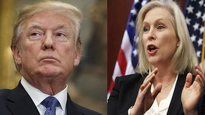This image shows a split screen of Donald Trump and Senator Kirsten Gillibrand, alluding to Senator Gillibrand's potential criticism of Trump's reported $700 million profit from the meme coin $TRUMP.
