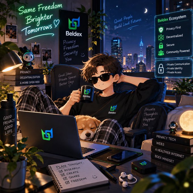 Anime-style promotional illustration featuring a character in sunglasses holding a "Beldex" mug with a sleeping puppy on their lap, surrounded by privacy-themed messaging including "Same Freedom Brighter Tomorrows," "Privacy First," and "Decentralized."