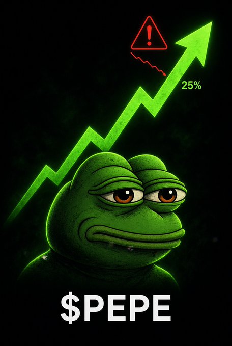 Meme-style graphic of Pepe the Frog against a black background, with a green upward-trending graph showing '25%', a red warning icon, and the text '$PEPE' below.