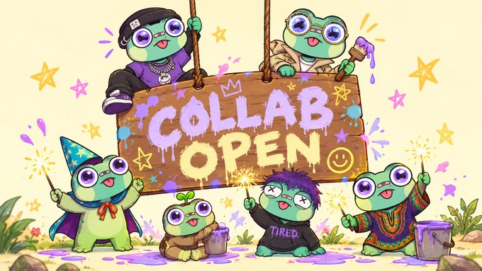A vibrant cartoon illustration features cute green frogs surrounding a wooden sign that reads "COLLAB OPEN" in dripping purple and yellow paint, with one frog wearing a shirt labeled "TIRED." The festive scene, complete with party hats, paint buckets, and sparklers, visually celebrates the announcement that Fwoghood collabs are open with 200 guaranteed spots for the community.
