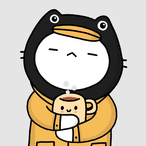 An illustration of a character in a penguin hooded outfit holding a mug of hot drink with a cute face on it.