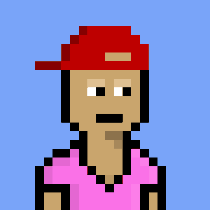A minimalist pixel art portrait of a man with a mustache wearing a backwards red baseball cap and a pink shirt against a light blue background.