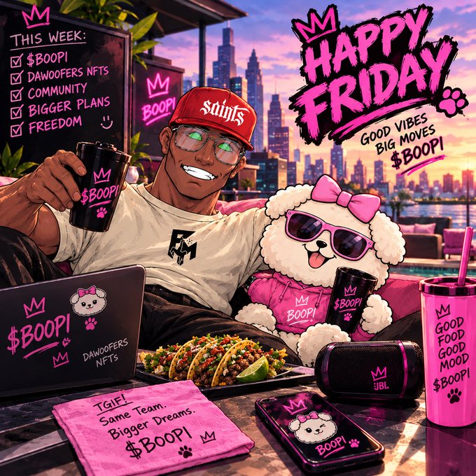 A vibrant, AI-generated illustration celebrating '$BOOPI' with a man in a 'Saints' cap and a pink teddy bear wearing sunglasses, surrounded by branded merchandise, tacos, and the text 'HAPPY FRIDAY GOOD VIBES BIG MOVES $BOOPI'.