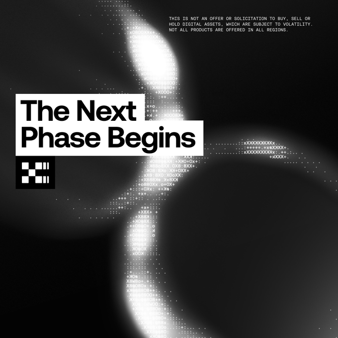 A black and white promotional graphic with the text 'The Next Phase Begins' alongside an OKX logo and disclaimer text about digital asset trading.