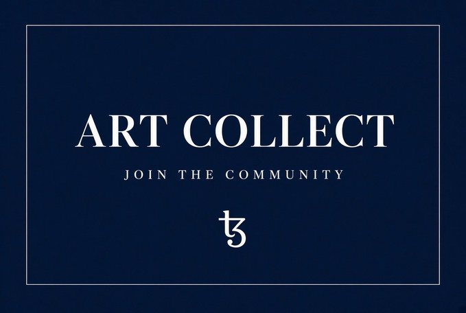 Dark blue graphic with white text reading 'ART COLLECT', 'JOIN THE COMMUNITY', and a 't3' logo.