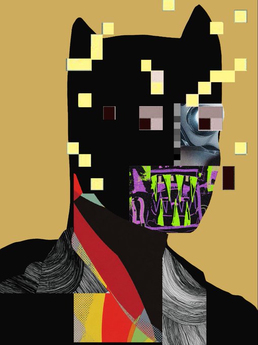 A digital art piece featuring a fragmented, blocky black figure with a purple and green abstract mouth design against a mustard yellow background.