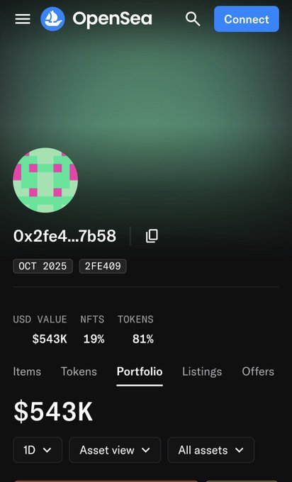 A screenshot of an OpenSea portfolio page displaying wallet "0x2fe4...7b58" with a USD value of $543K, showing 19% allocated to NFTs and 81% to tokens. The image relates to the post by showcasing the substantial $500k+ wallet portfolio that recently acquired 53 Mancer and 70 Pyo NFTs, with the holder awaiting the opportune moment to sell their Pyo collection.