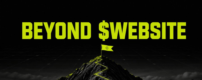 The image displays the bold text "BEYOND $WEBSITE" in bright yellow-green lettering above a mountain peak topped with a flag, set against a dark, grid-patterned background. This visual ties to the post by emphasizing that the listed Robinhood Chain projects (like $DELTA and $WIRE) offer utility beyond just having a website, signaling aggressive growth potential in the ecosystem.