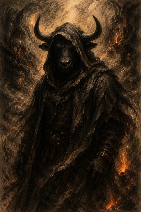 A dark, painterly illustration depicts a hooded bull-headed figure with large horns emerging from smoky, fiery surroundings in a menacing pose.