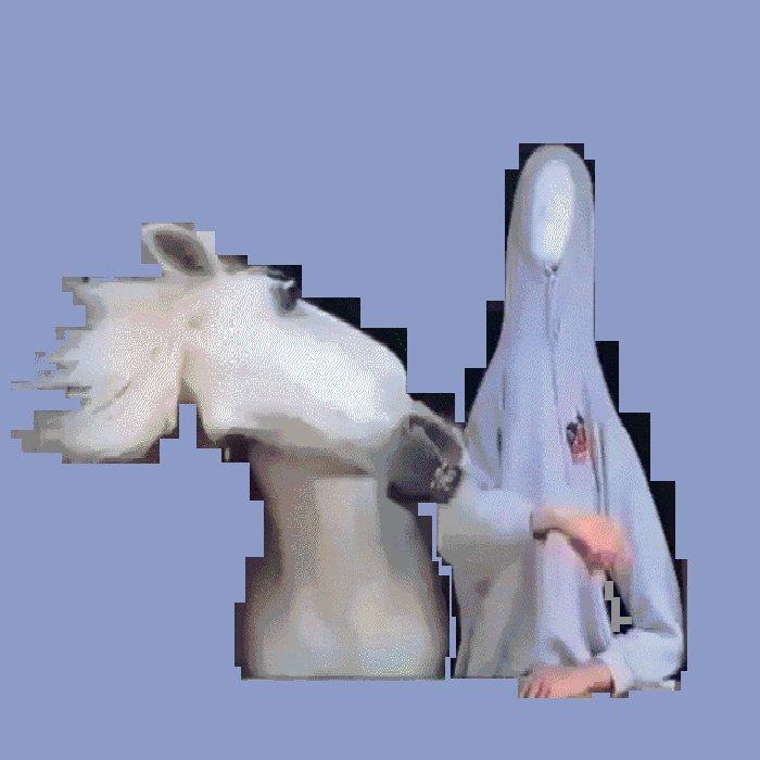 The image features a white horse head with its mouth open, standing next to a person wearing a hoodie or sweatshirt that appears to be made of fabric. The background color is blue, which contrasts with the white horse's head and the person's clothing. The image also contains text elements such as "OK by You Ed." and "teia.art/objkt/881 210 Animated Gif", adding context to the scene.