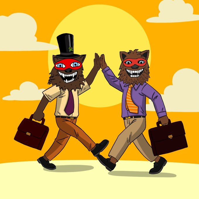 A cartoon illustration shows two anthropomorphic animals wearing red masks and business attire, high-fiving each other while carrying briefcases against a yellow sun background.