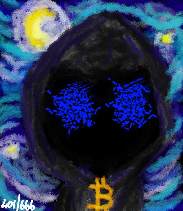 A Van Gogh 'Starry Night'-style painting featuring a hooded figure with blue scribbled eyes, surrounded by swirling blue and purple patterns, with a yellow Bitcoin (₿) symbol on the chest and '401/666' in the corner.