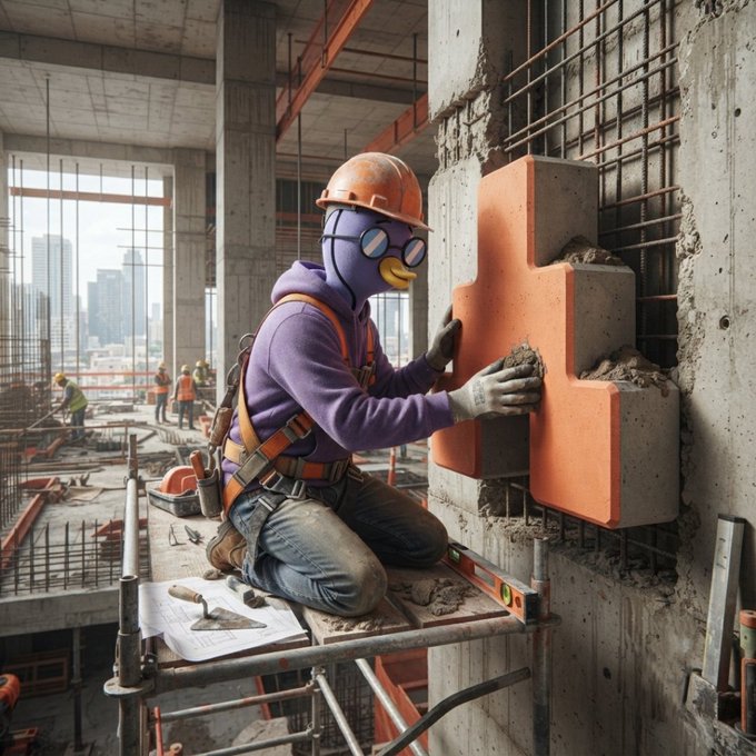 A creative illustration of a worker wearing a purple hoodie, construction helmet, and a duck mask, kneeling on scaffolding while working on a concrete wall with rebar and orange blocks visible at a construction site.