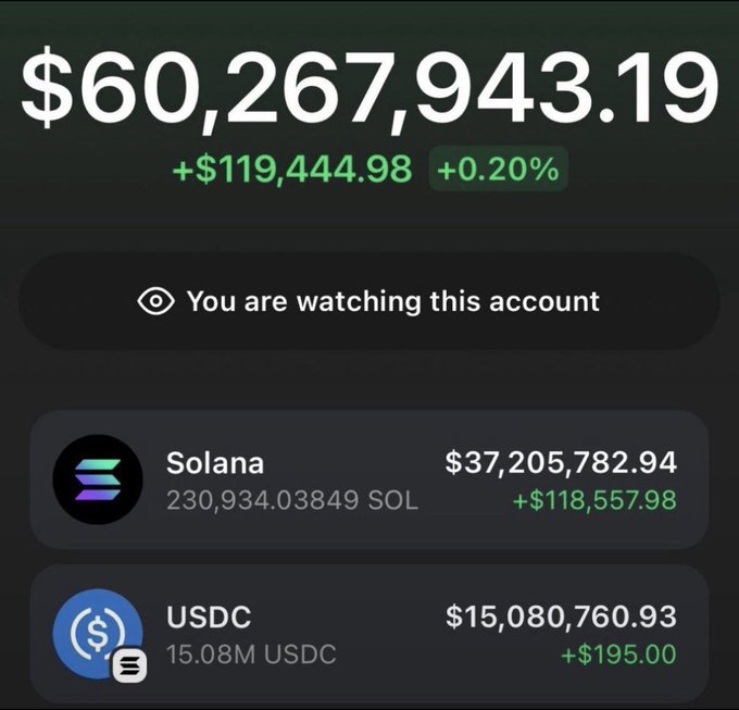 A cryptocurrency portfolio dashboard displaying a total balance of $60,267,943.19 with a +$119,444.98 (+0.20%) gain, showing holdings of 230,934 SOL (Solana) worth $37,205,782.94 and 15.08M USDC worth $15,080,760.93.