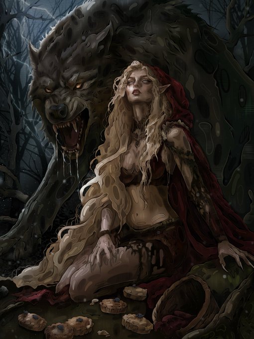 A dark fantasy digital painting of a pale, elven woman with long blonde hair and a red hood kneeling before a snarling, monstrous wolf in a shadowy forest with scattered pastries.