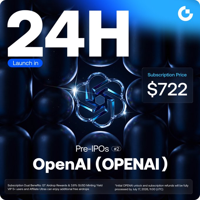 A countdown graphic reading '24H Launch in' for a Pre-IPO subscription of 'OpenAI (OPENAI)' with a subscription price of $722 and details about GT Airdrop rewards, processed by July 17, 2026.
