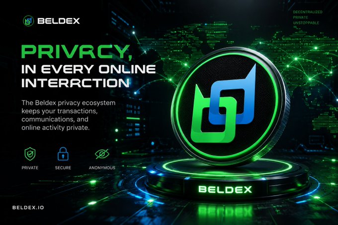 A promotional graphic for 'BELDEX' cryptocurrency advertising its privacy features with the tagline 'PRIVACY, IN EVERY ONLINE INTERACTION' and a glowing green and blue logo.