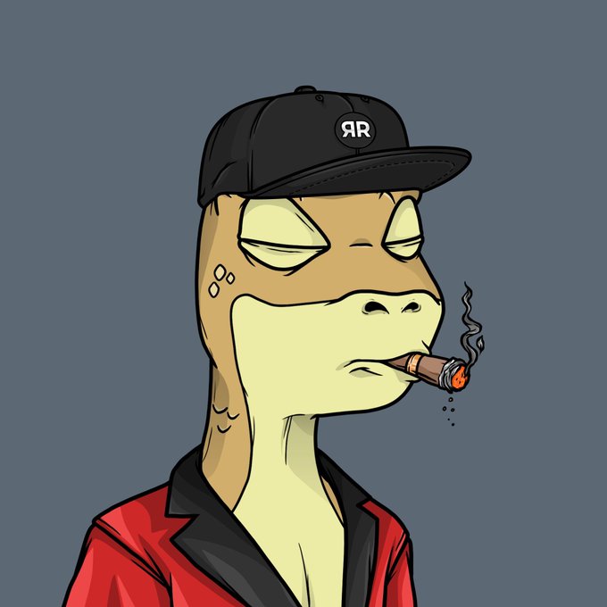 Cartoon illustration of a reptilian/dinosaur-like character wearing a red jacket and black cap with 'RR' logo, smoking a cigar with a relaxed expression.