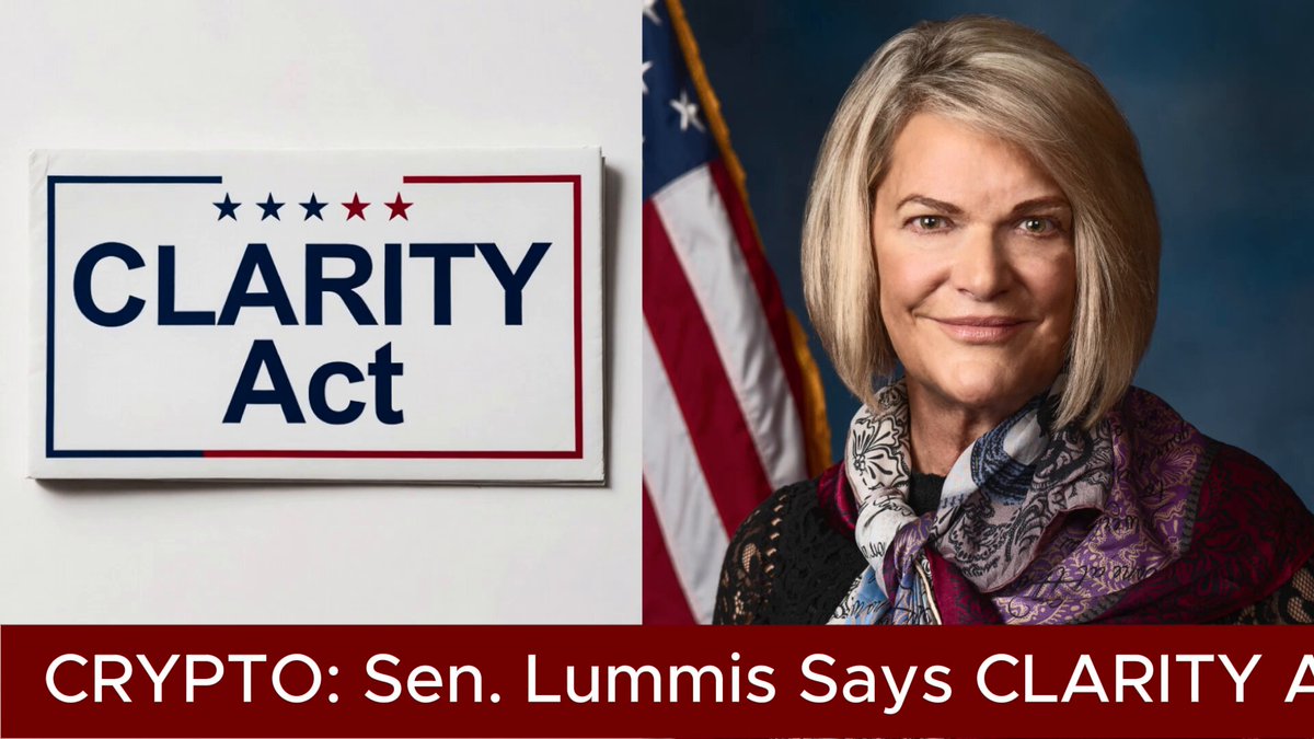 The image features a woman with blonde hair, wearing a scarf around her neck, standing next to a sign that reads "CLARITY ACT" and an American flag behind her. The caption below the image states that Sen. Cynthia Lummis says software developers should not need teams of lawyers to determine whether their code is legal.