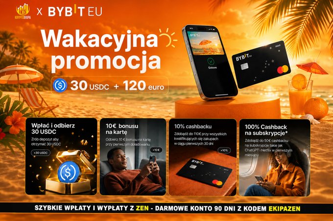 BYBIT EU holiday promotion banner in Polish offering 30 USDC plus 120 euros, with details on deposit bonuses, card bonuses, and cashback offers.