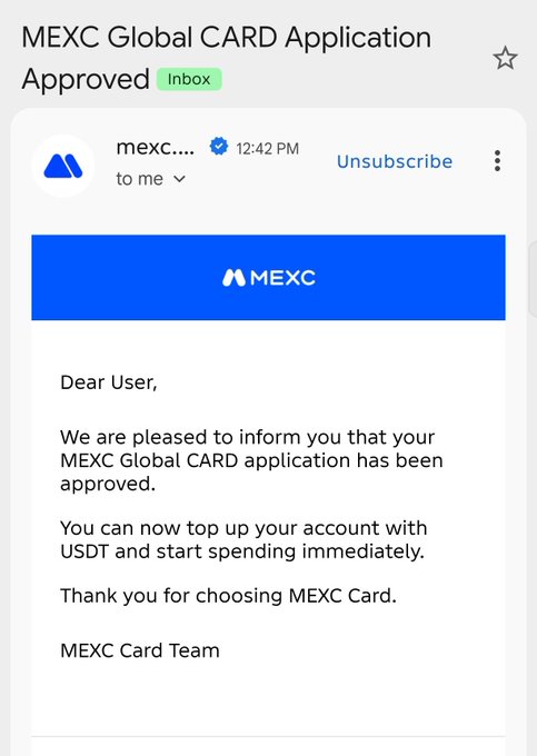 An email from MEXC confirming that a MEXC Global CARD application has been approved, allowing the user to top up with USDT.