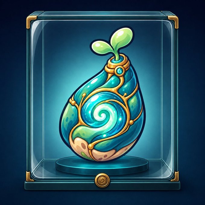 A digital illustration of a glowing blue and green mystical flask or potion bottle with a swirling spiral design, displayed inside a glass display case.