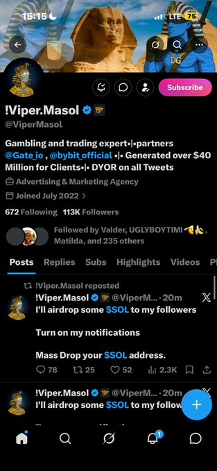 A screenshot of a Twitter/X profile for !Viper.MasoI (@ViperMasol) describing themselves as a 'Gambling and trading expert' with posts about airdropping $SOL.