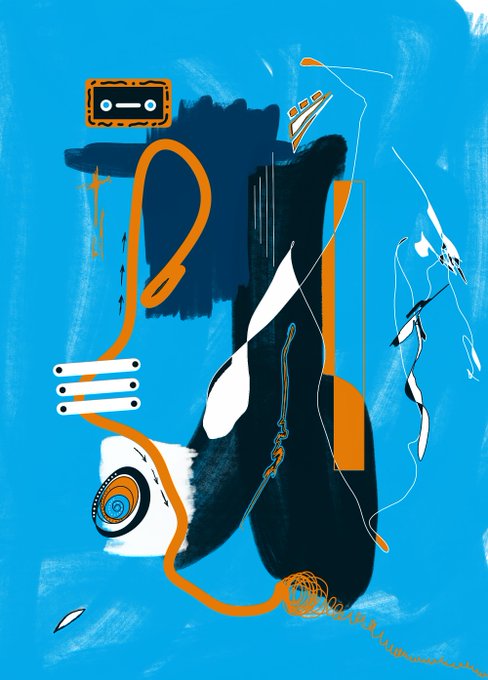 An abstract digital artwork featuring a bright blue background with black, orange, and white shapes resembling a stylized figure or machine.