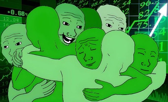 A meme image featuring multiple green Wojak-style characters hugging each other, overlaid on a green stock market chart background with numbers and a rising arrow.