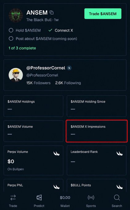 A crypto trading app interface showing $ANSEM token information with tasks (Hold $ANSEM, Connect X) and statistics including Perps Volume, Leaderboard Rank, and highlighted $ANSEM X Impressions box.