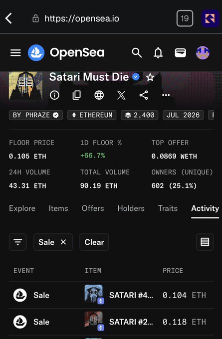 OpenSea mobile screenshot showing the 'Satari Must Die' NFT collection by PHRAZE on Ethereum with a floor price of 0.105 ETH, 24H volume of 43.31 ETH, and 602 unique owners.