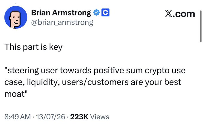 A tweet from Coinbase CEO Brian Armstrong (@brian_armstrong) quoting the line "steering user towards positive sum crypto use case, liquidity, users/customers are your best moat," posted at 8:49 AM on 13/07/26 with 223K views. The tweet appears to be Armstrong defending Base ($BASE) amid criticism, emphasizing that its focus on liquidity and user growth is what creates lasting value for the network.