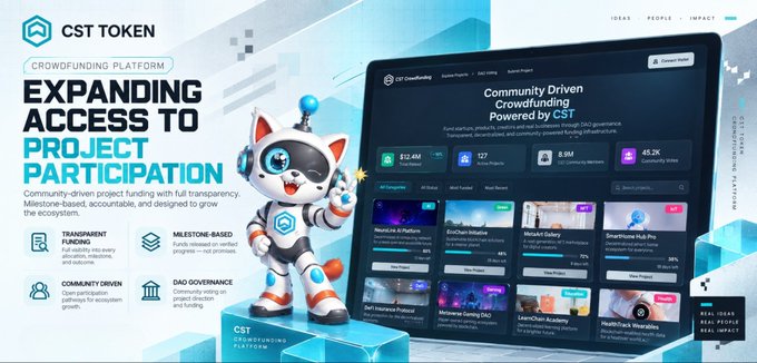 A promotional graphic for "CST TOKEN CROWDFUNDING PLATFORM" features a robot mascot and text highlighting "EXPANDING ACCESS TO PROJECT PARTICIPATION" alongside a website interface showing community-driven project funding.