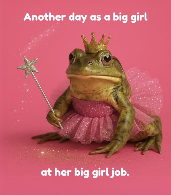 A humorous image of a frog wearing a gold crown and pink tutu holding a star-tipped wand, with text reading 'Another day as a big girl at her big girl job.'