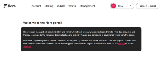 The image shows the Flare portal's welcome page with navigation tabs for Account, Staking, USD₺, Voting, and Management, along with introductory text explaining how users can manage Songbird (SGB) and Flare (FLR) network tokens and delegate them to FTSO data providers.

This relates to the post by providing a visual reference of the Flare portal interface the user mentions, showing the entry point where staking can be initiated—which is the accessibility the community member is asking about for feedback.