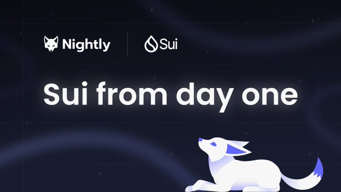 Dark promotional banner showing the Nightly and Sui logos with the text 'Sui from day one' and an illustration of a white fox/cat at the bottom.