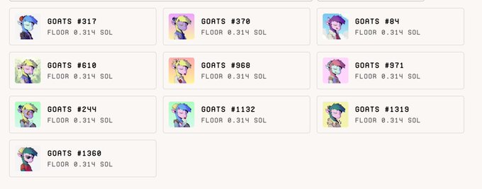 A grid of 10 Goats of Solana NFTs from the @GoatsOfSolana collection (GOATS #317, #370, #84, #610, #968, #971, #244, #1132, #1319, and #1360) displayed with their floor price of 0.314 SOL each, illustrating the user's recent sweep of ten goats added to the @nfwdotfun pool for passive SOL earnings.
