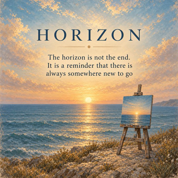 Inspirational poster titled 'HORIZON' with the quote 'The horizon is not the end. It is a reminder that there is always somewhere new to go,' illustrated with a painting easel depicting a sunset over the ocean.