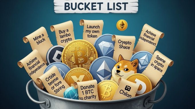 A digital illustration titled 'BUCKET LIST' showing a bucket filled with various cryptocurrency coins and scrolls labeled with crypto-related goals like 'Mine a block,' 'Buy a lambo crypto,' 'Launch my own token,' 'Crypto Shace,' 'Achieve financial independence,' 'Ctride teone or fore String,' 'Donate 1 BTC to charity,' 'Chilon,' and 'Spene crypto in space,' featuring a Shiba Inu dog among the coins.
